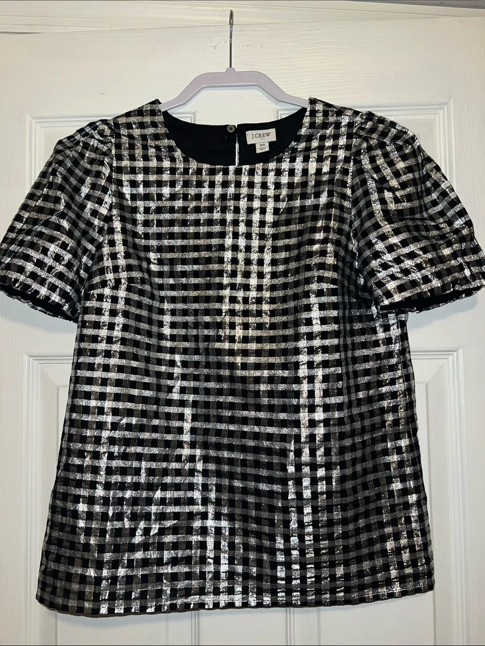 J. Crew Black & Silver Gingham Metallic Puff-Sleeve Top